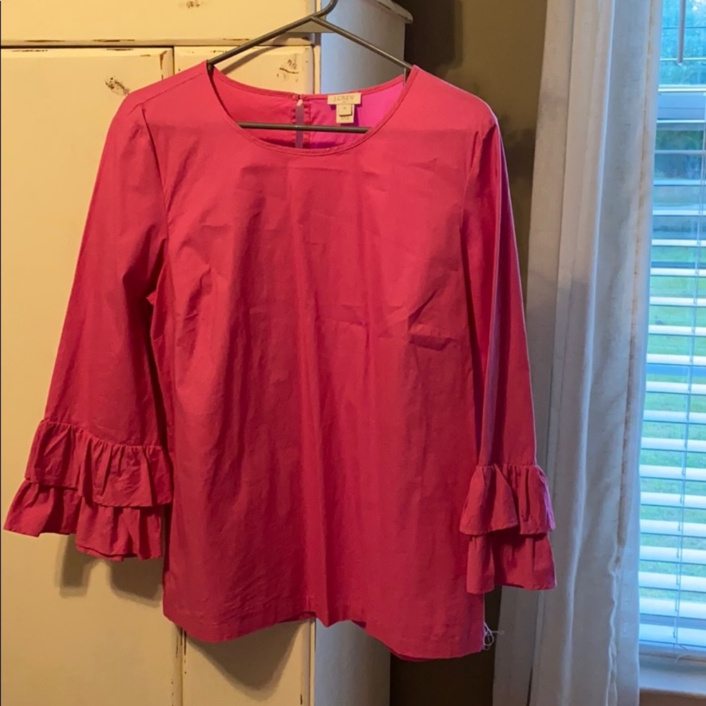 JCrew hot pink top with ruffles sleeves